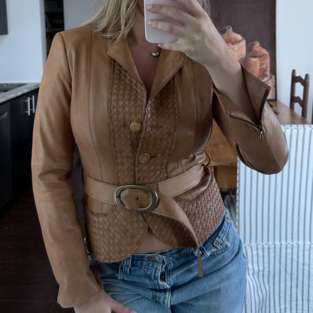 Vintage Y2K Worth Genuine Leather Woven Belted Blazer Jacket
